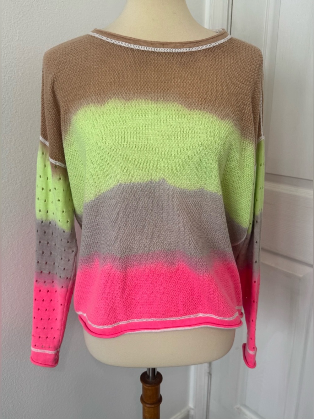Lisa Todd Womens Double Dip Tie Dye Perforated Knit Cotton Sweater Neon Retro Md